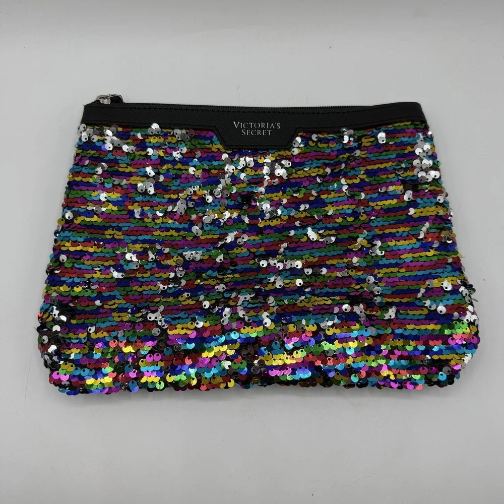 Victoria's Secret Rainbow Sequin Wristlet Zip Pouch Black Faux Leather Y2K Style